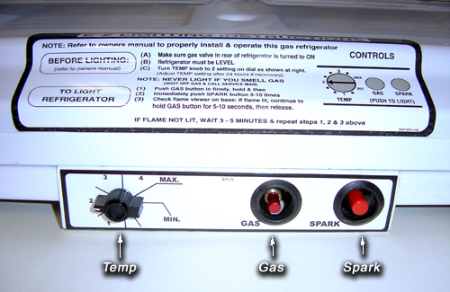 EZ Freeze Gas Refrigerators controls - Images by Warehouse Appliance, experts of off-grid appliances and gas fridge sales and service