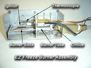 EZ Freeze Gas Refrigerators burner assembly - Images by Warehouse Appliance, experts of off-grid appliances and gas fridge sales and service