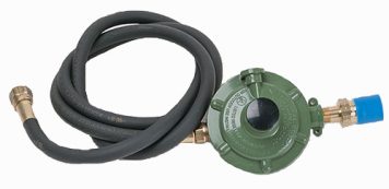 green regulator with black hose and fittings
