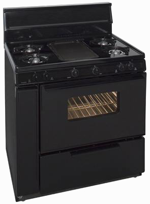 4 burner range with middle griddle and oven in black