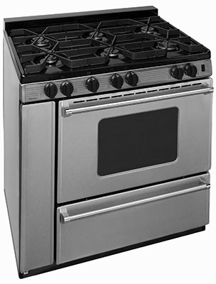 stainless steel island style range with oven window, 6 burners