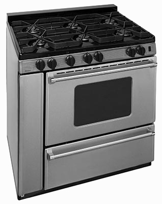 Stainless steel range with 6 burners and griddle oven window