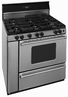 6 burner stainless steel range with oven window, clock and back splash