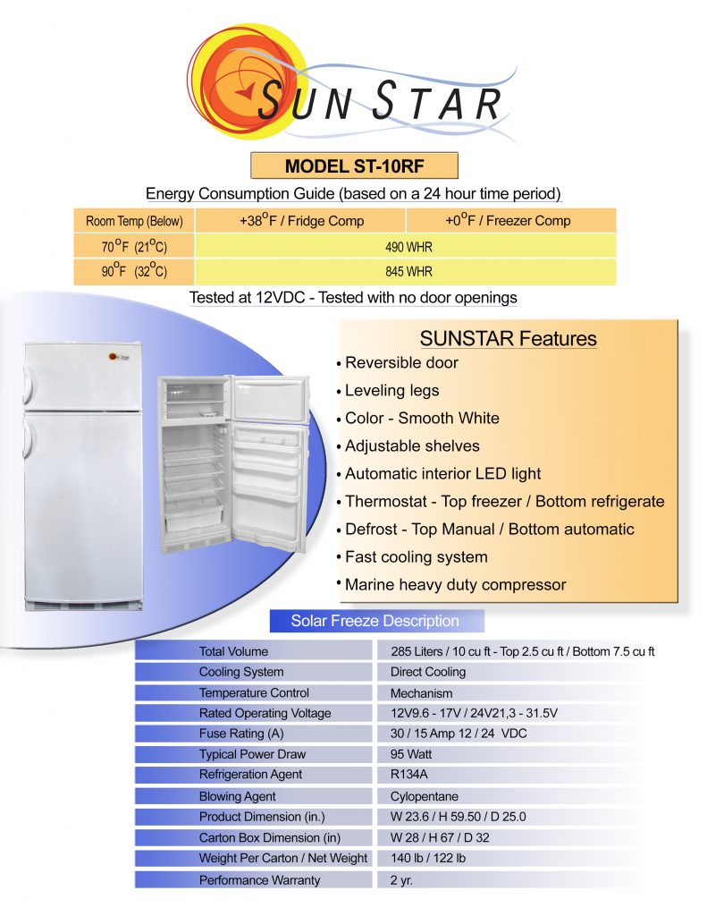 specification sheet for 10 cubic foot DC fridge