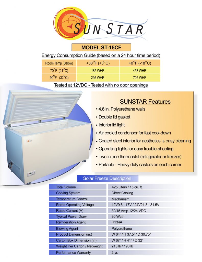 Spec sheet 15 cubic foot chest freezer solar DC