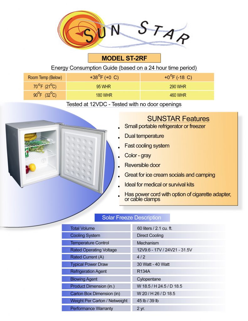 Specification sheet for 2 cubic foot fridge or freezer