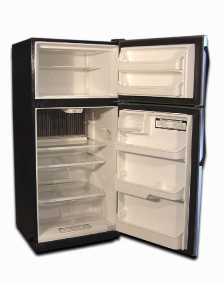 Stainless steel fridge with top freezer doors open