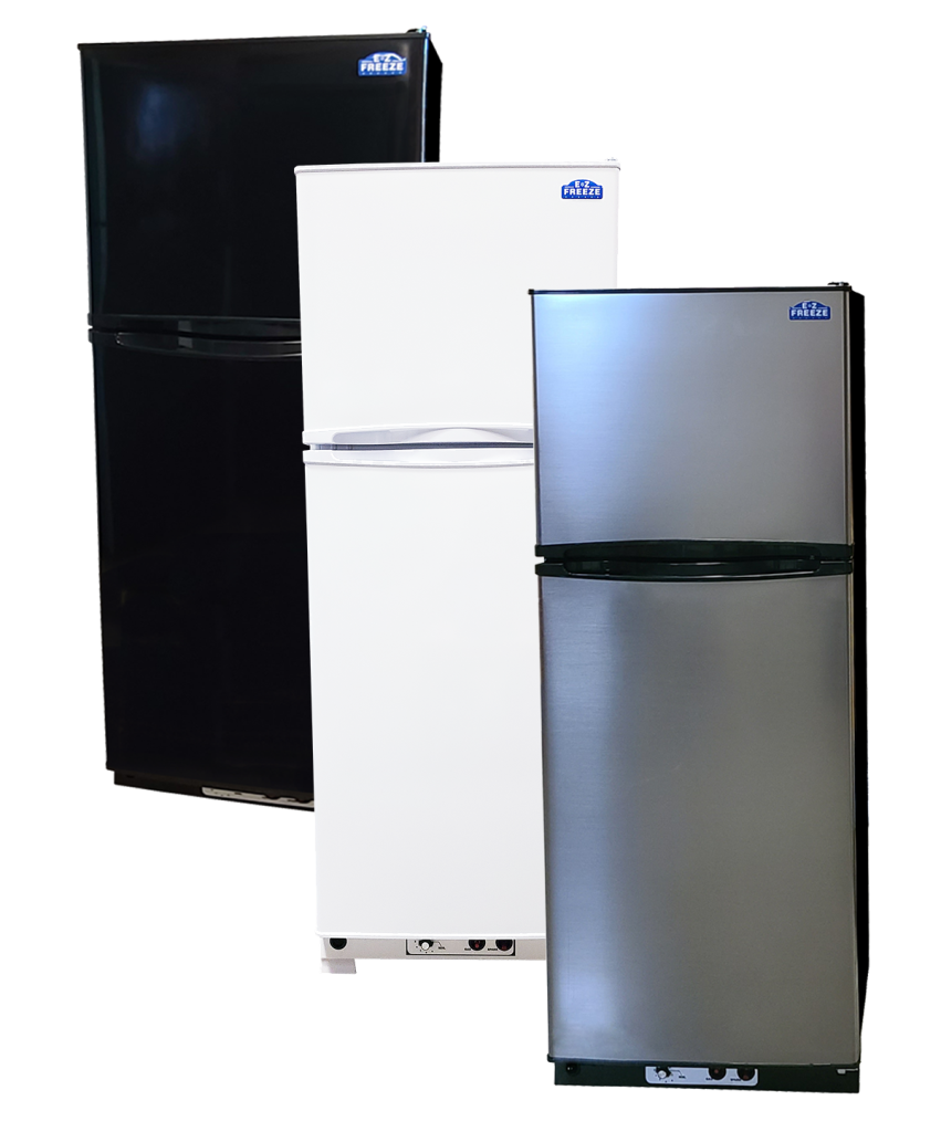 Propane refrigerator sizes and colors. Showing white, black and stainless propane fridges.