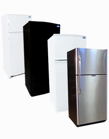 Propane refrigerator sizes and colors. Showing white, black and stainless propane fridges.